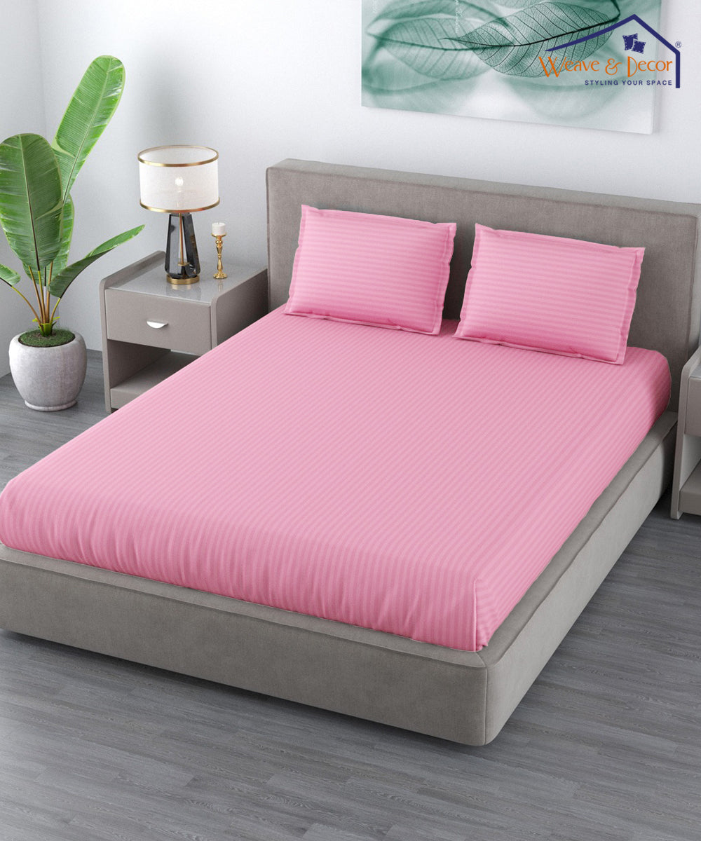 Pink Satin Stripe King Size Bedsheet With 2 Pillow Covers