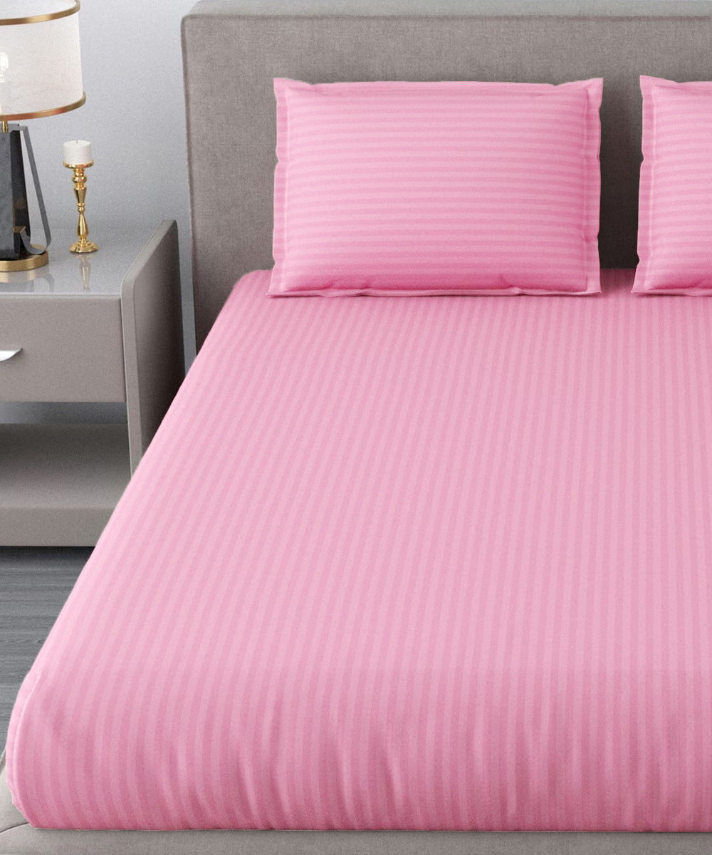Pink Satin Stripe King Size Bedsheet With 2 Pillow Covers
