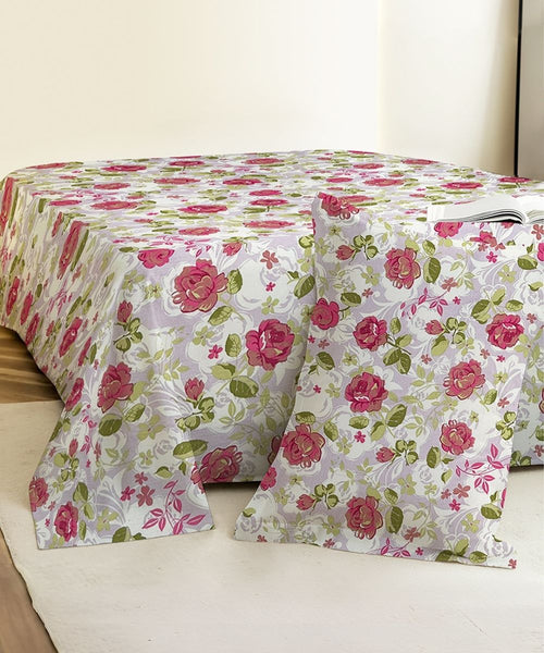Blush Garden Floral Cotton Single Bedsheet With 1 Pillow Cover