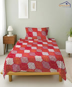 Crimson Mosaic Elegance Cotton Single Bedsheet With 1 Pillow Cover