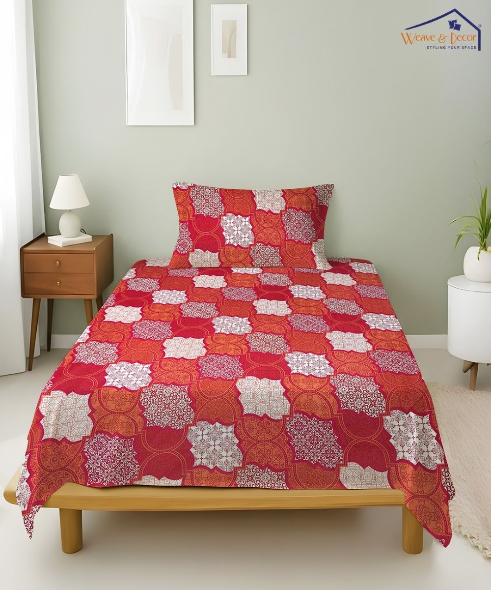 Crimson Mosaic Elegance Cotton Single Bedsheet With 1 Pillow Cover