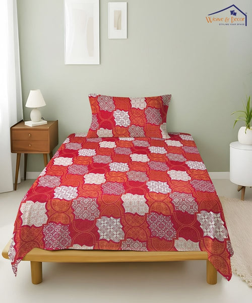 Crimson Mosaic Elegance Cotton Single Bedsheet With 1 Pillow Cover