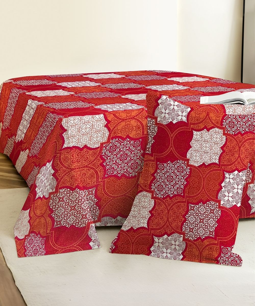Crimson Mosaic Elegance Cotton Single Bedsheet With 1 Pillow Cover