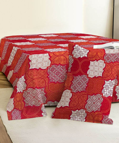 Crimson Mosaic Elegance Cotton Single Bedsheet With 1 Pillow Cover