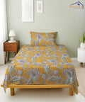 Mustard Paisley Bloom Cotton Single Bedsheet With 1 Pillow Cover