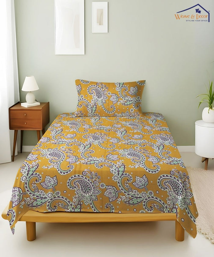 Mustard Paisley Bloom Cotton Single Bedsheet With 1 Pillow Cover