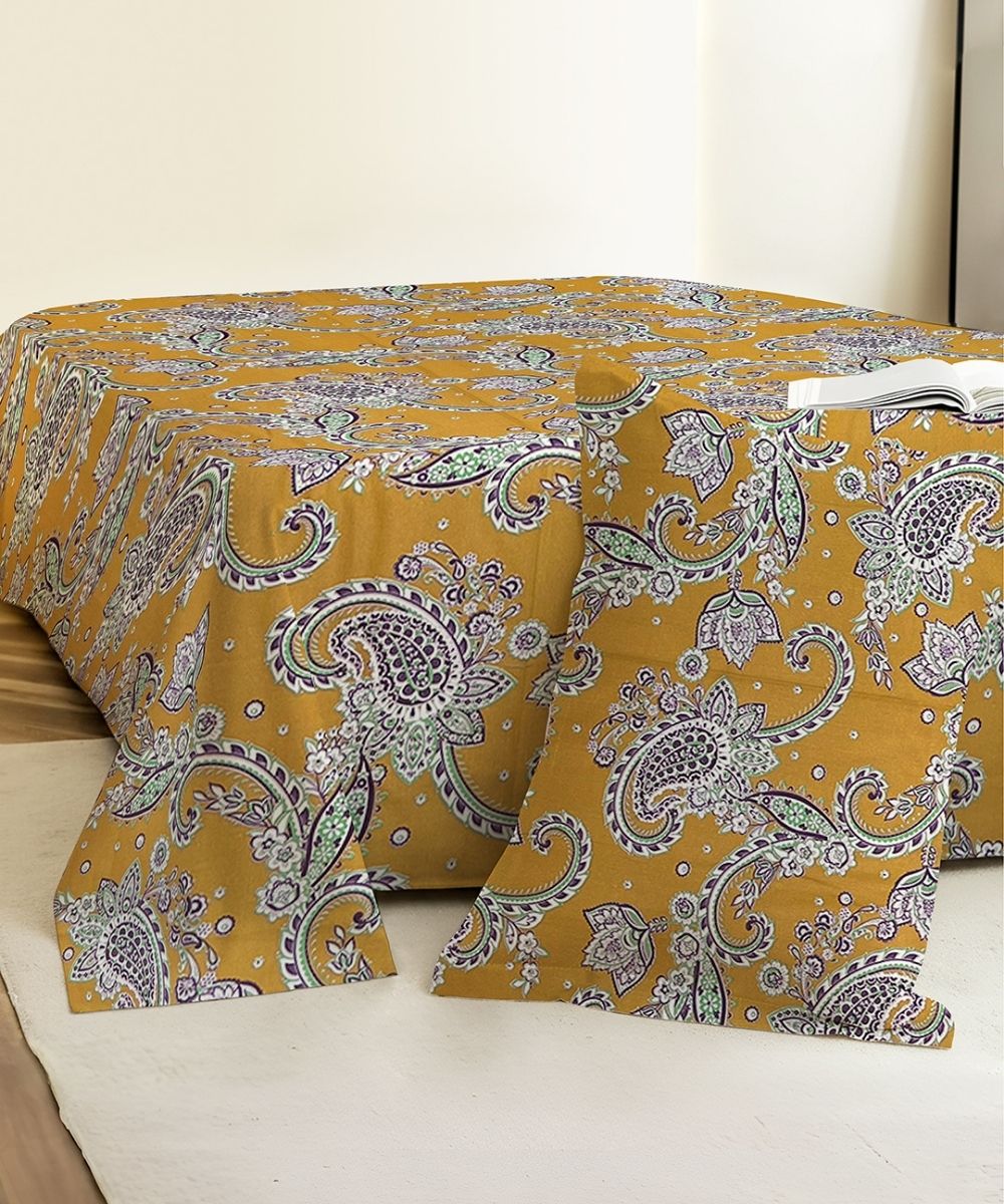 Mustard Paisley Bloom Cotton Single Bedsheet With 1 Pillow Cover