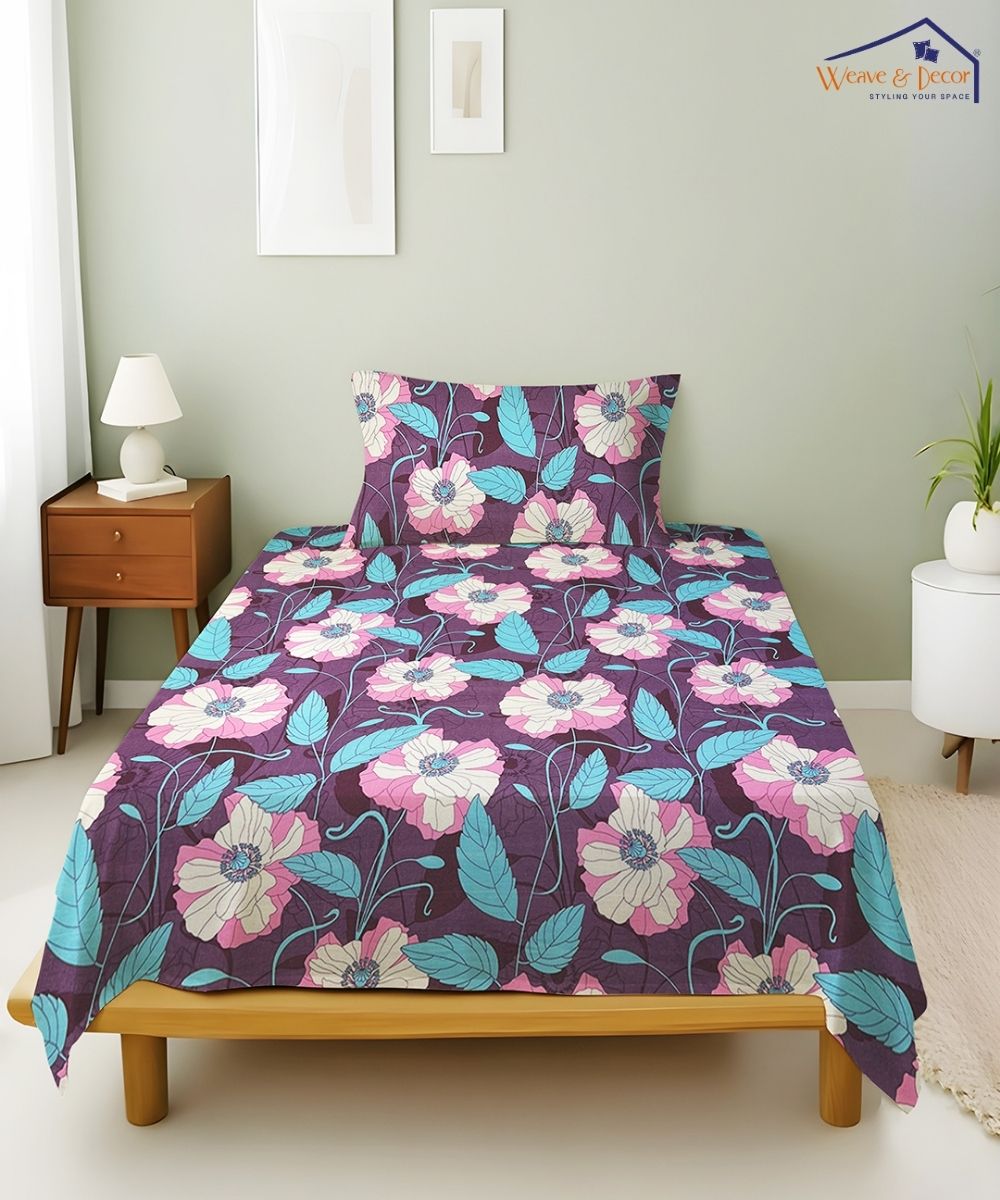 Purple Blossom Floral Cotton Single Bedsheet With 1 Pillow Cover