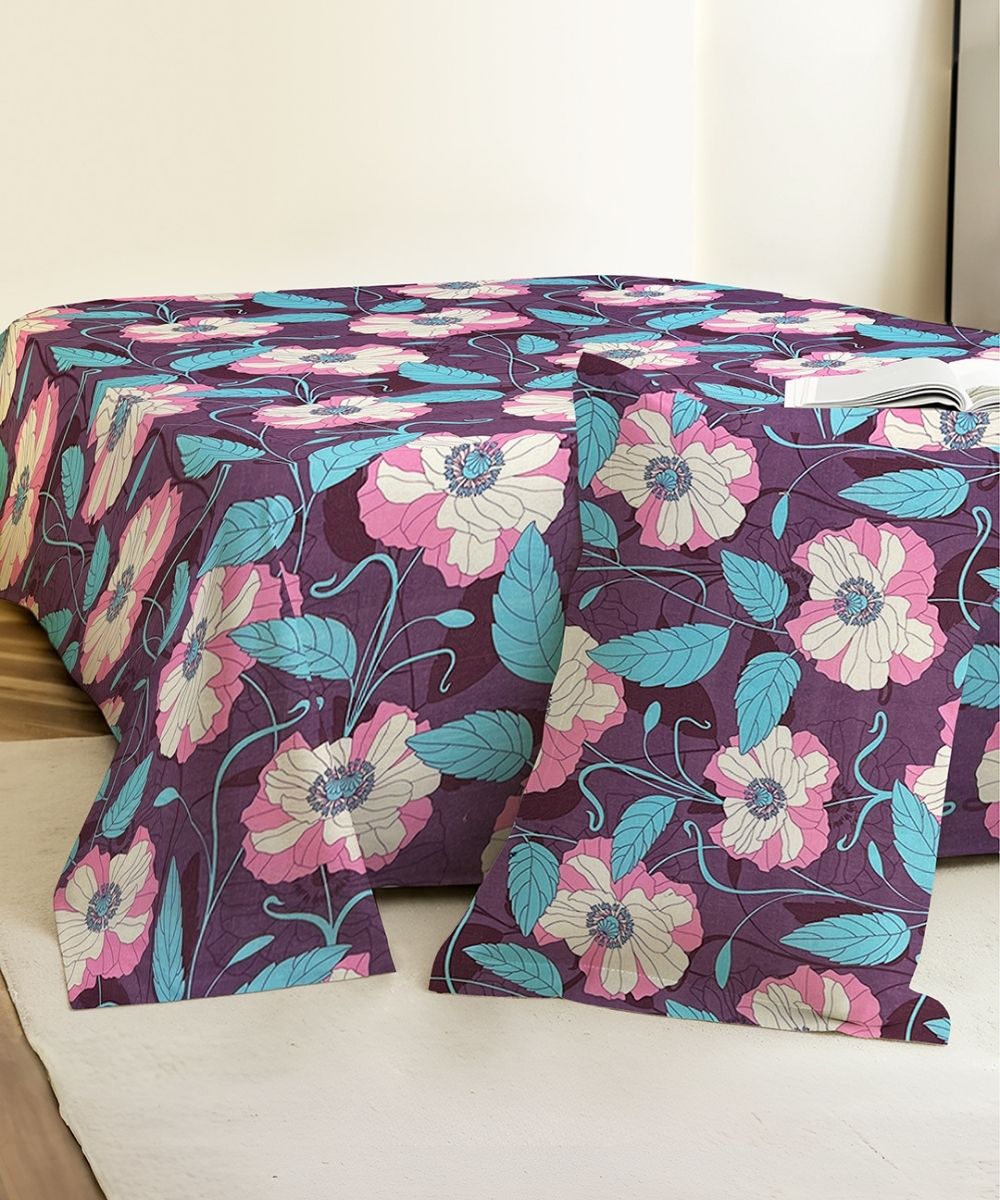 Purple Blossom Floral Cotton Single Bedsheet With 1 Pillow Cover